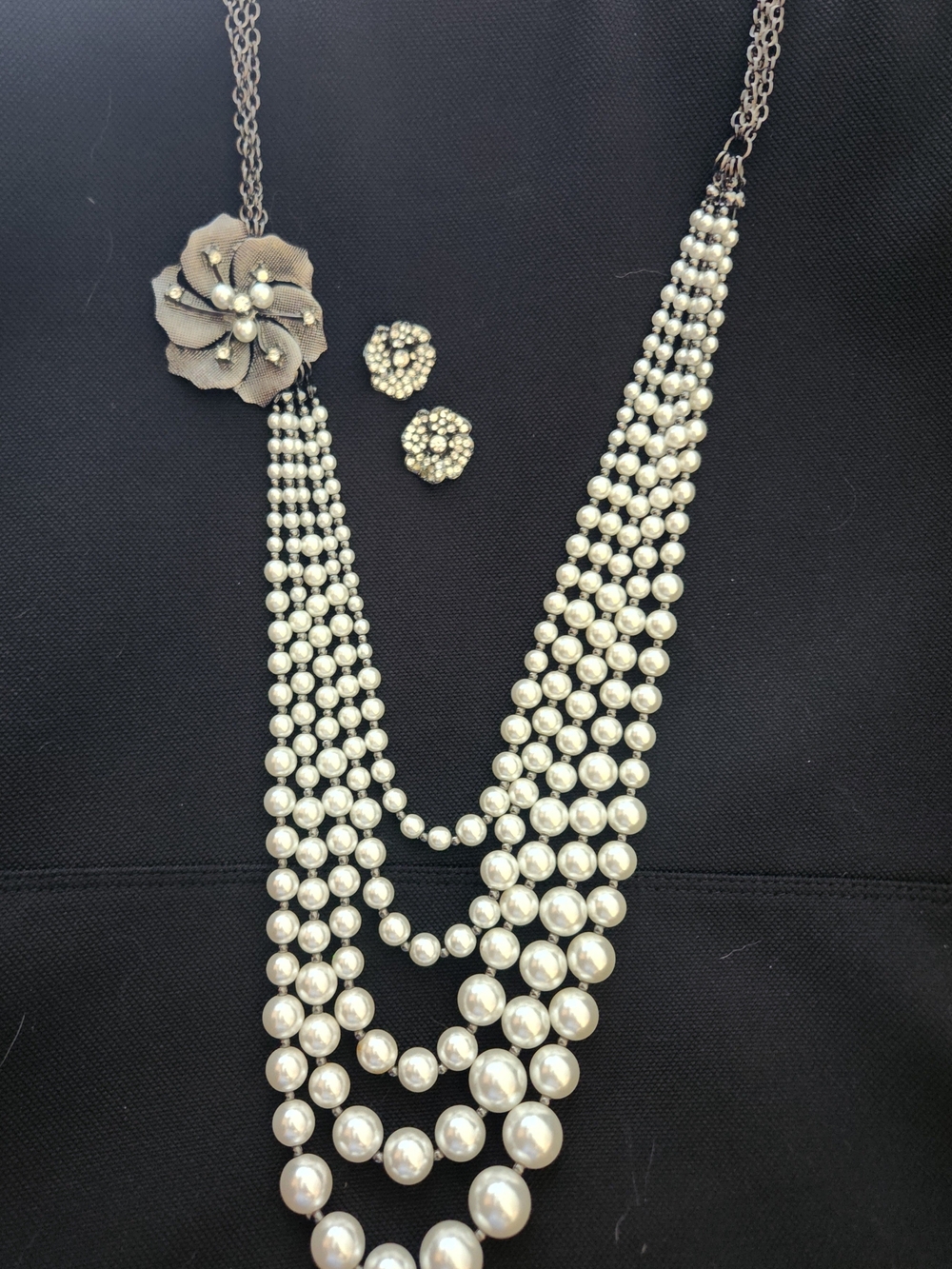 Faux Pearl Multi-Strand Flower Accent Necklace and Earrings